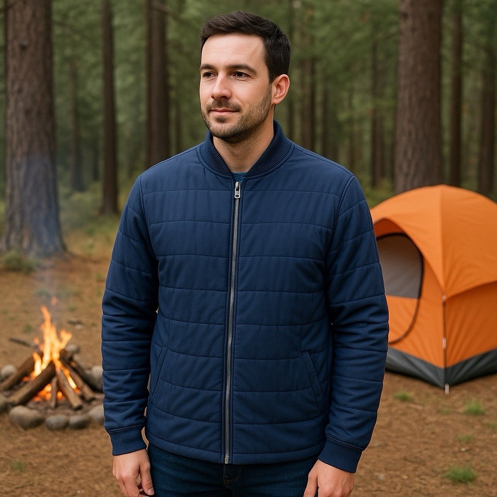32 Bar Blues Quilted Full Zip Navy Jacket Lined Pockets Cozy Holiday Cabin L